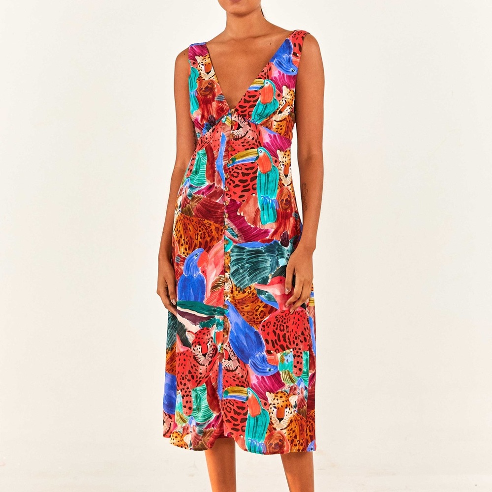 NWT Farm Rio Vibrant Animal Collage Midi Dress - medium
